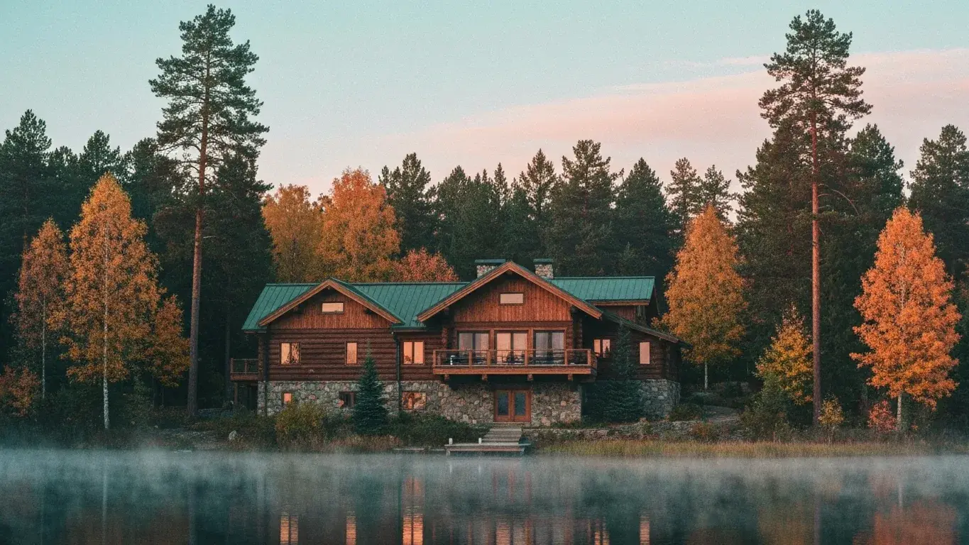 three-quarter architectural exterior photograph of a lakefront timber house set in a dense pine forest, early misty dawn, autumn foliage