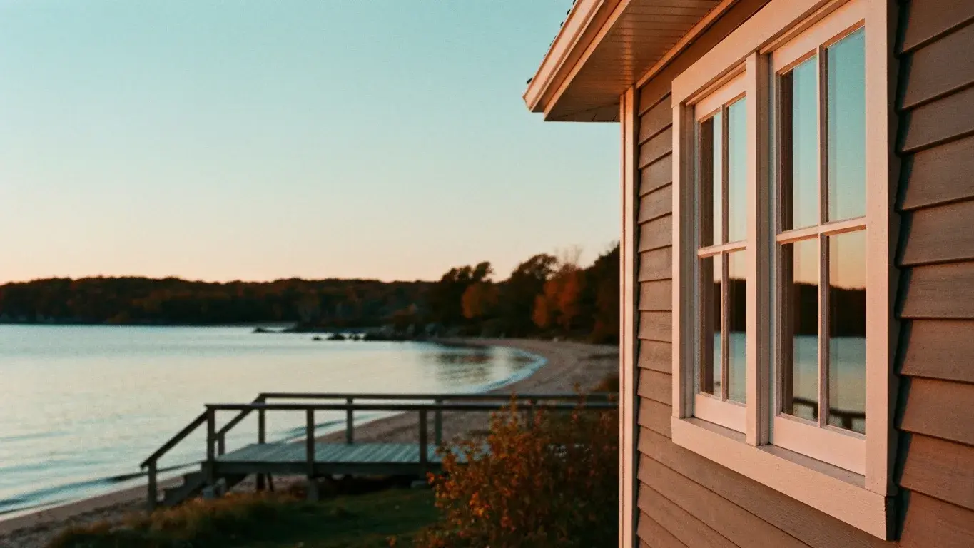 intimate exterior detail photograph of a coastal beach cottage set in the edge of a glassy lake, warm sunset, autumn foliage