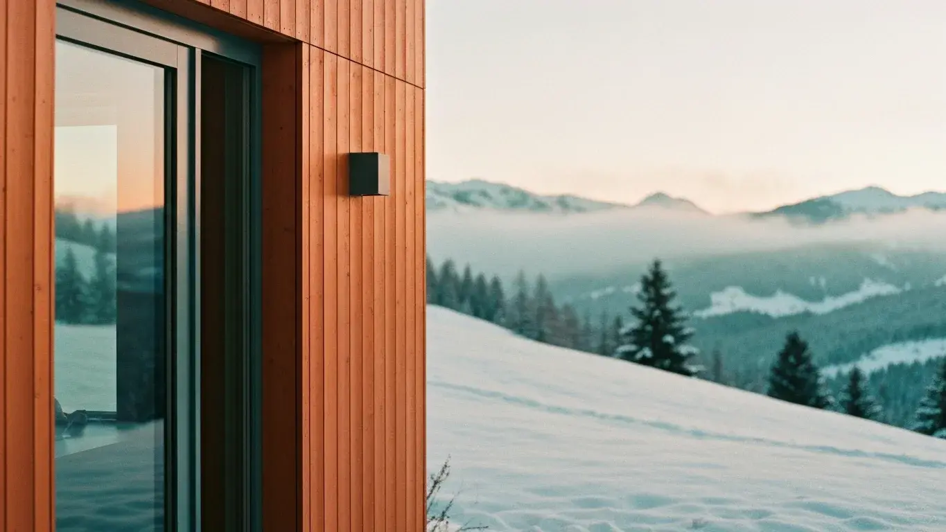intimate exterior detail photograph of a desert modern villa set in snowy alpine slopes, early misty dawn, fresh winter snow