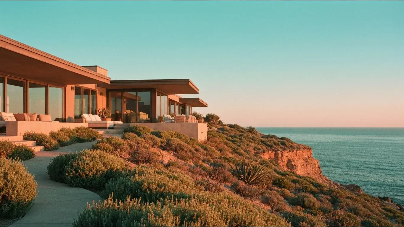 wide establishing exterior photograph of a desert modern villa set in a bluff above the ocean, golden hour, lush summer