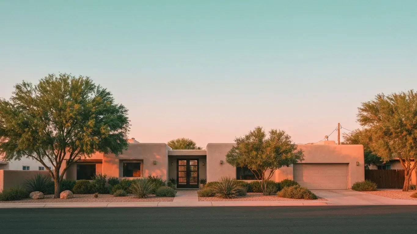 three-quarter architectural exterior photograph of a desert modern villa set in a quiet small-town street, warm sunset, lush summer