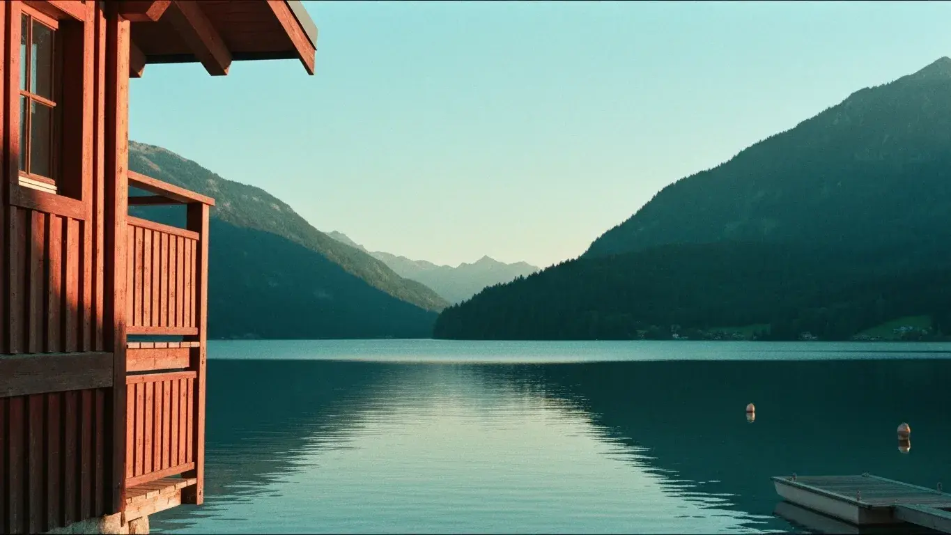 intimate exterior detail photograph of a mountain ski chalet set in the edge of a glassy lake, a clear bright morning, lush summer
