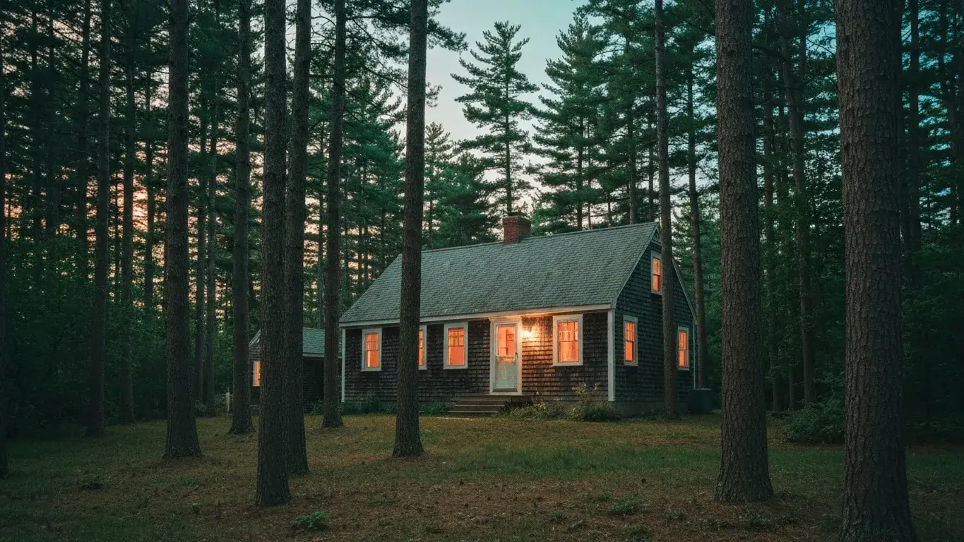 wide establishing exterior photograph of a cape cod cottage set in a dense pine forest, blue-hour dusk with windows glowing, lush summer