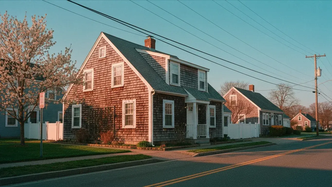 three-quarter architectural exterior photograph of a cape cod cottage set in a quiet small-town street, a clear bright morning, spring bloom