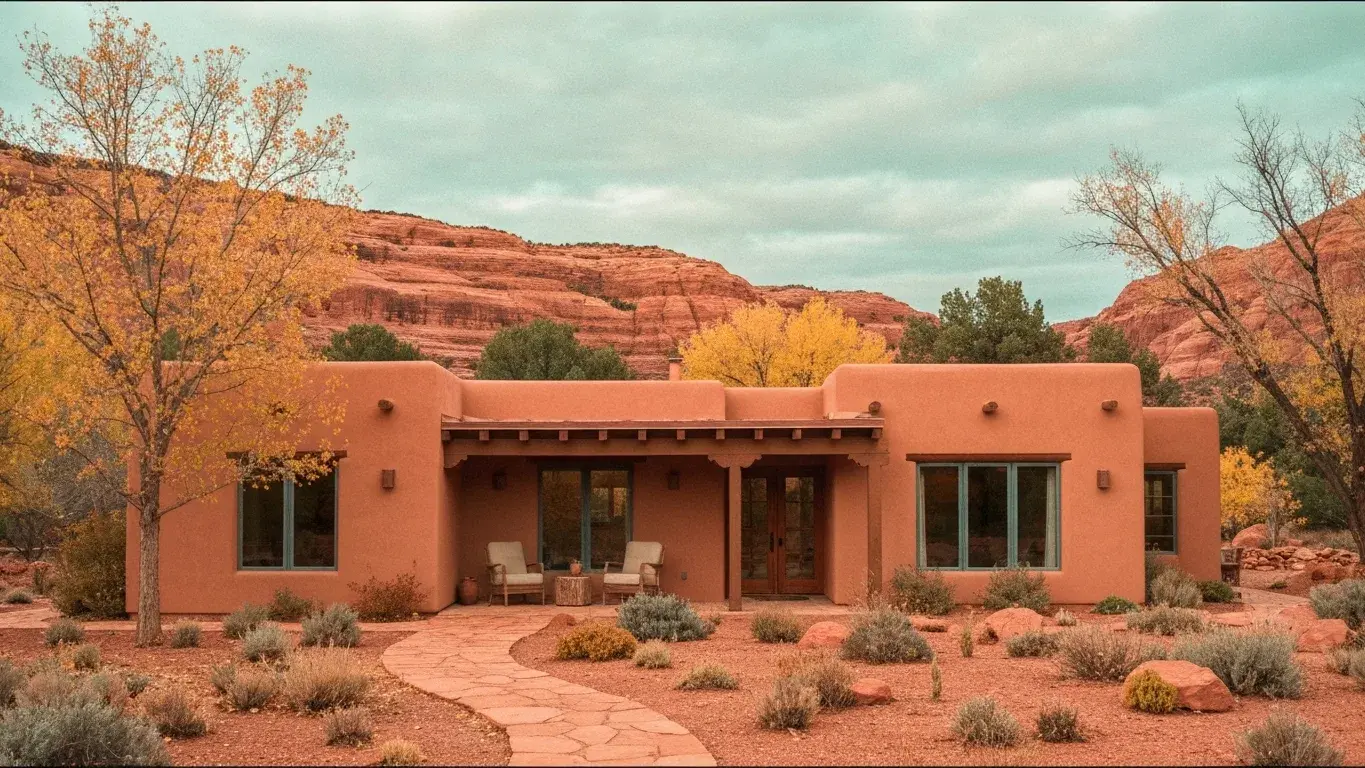 three-quarter architectural exterior photograph of a Spanish-style casita set in red-rock desert, a soft overcast afternoon, autumn foliage