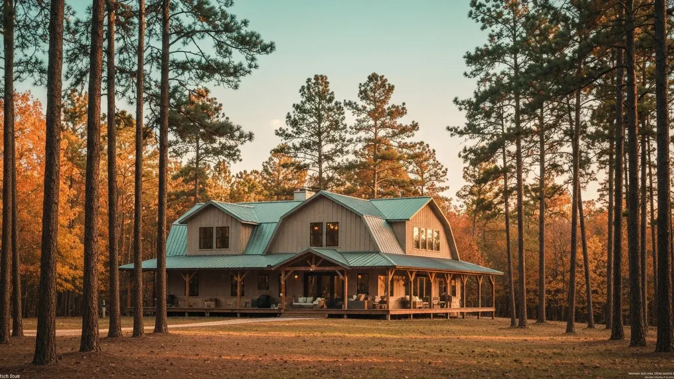 wide establishing exterior photograph of a luxury barndominium set in a dense pine forest, golden hour, autumn foliage