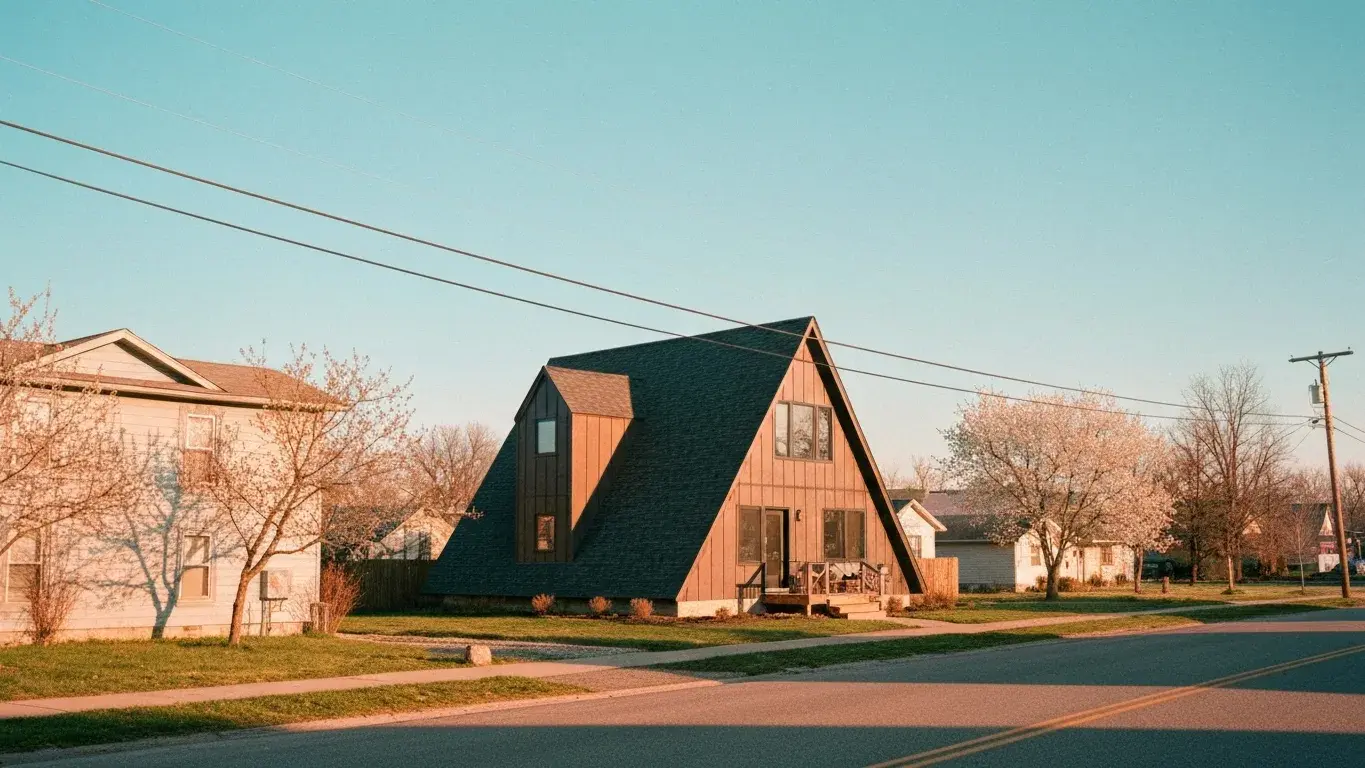 three-quarter architectural exterior photograph of a modern A-frame cabin set in a quiet small-town street, a clear bright morning, spring bloom