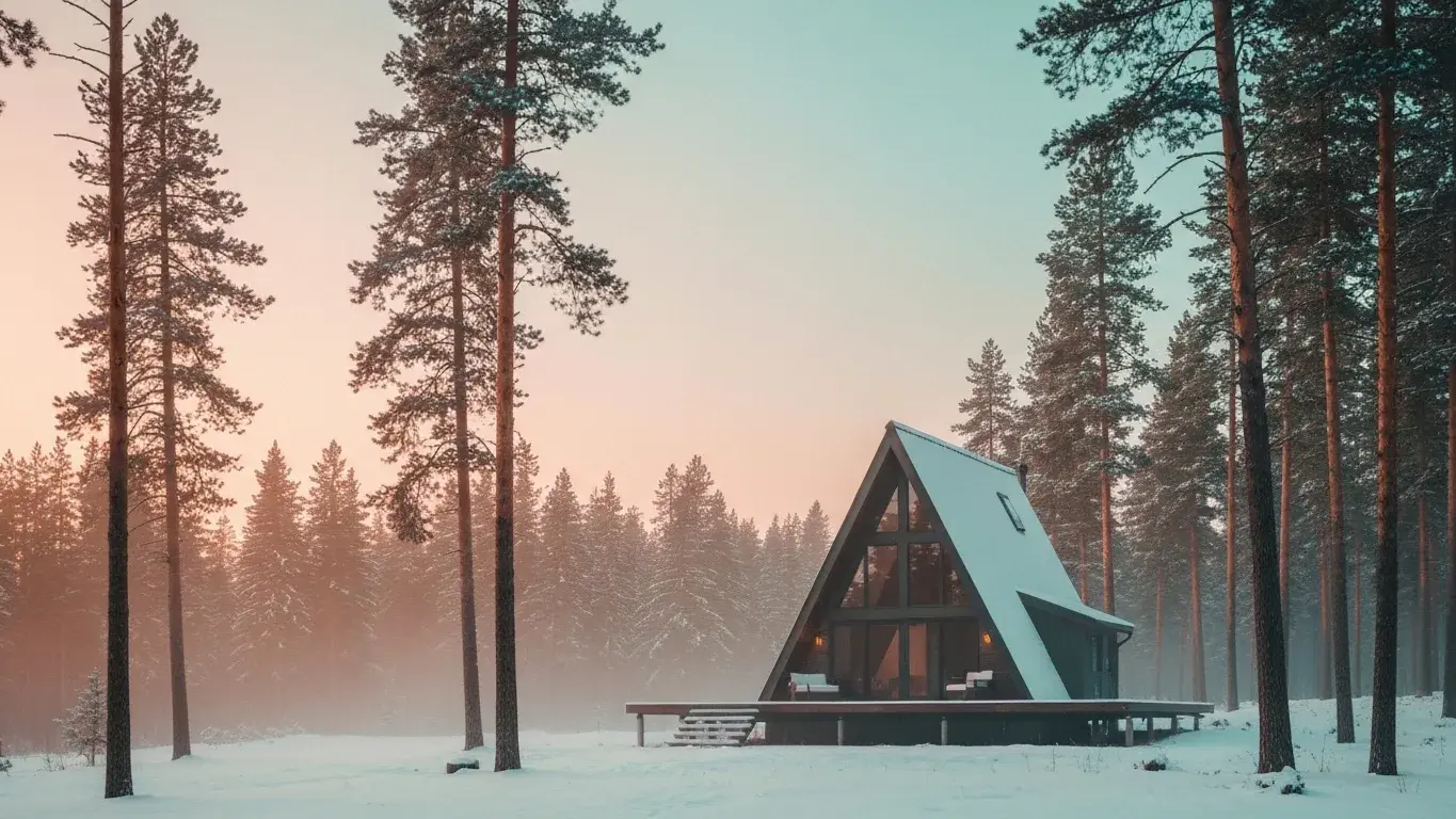 wide establishing exterior photograph of a modern A-frame cabin set in a dense pine forest, early misty dawn, fresh winter snow