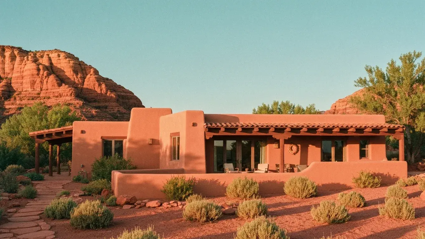 wide establishing exterior photograph of a Spanish-style casita set in red-rock desert, golden hour, lush summer