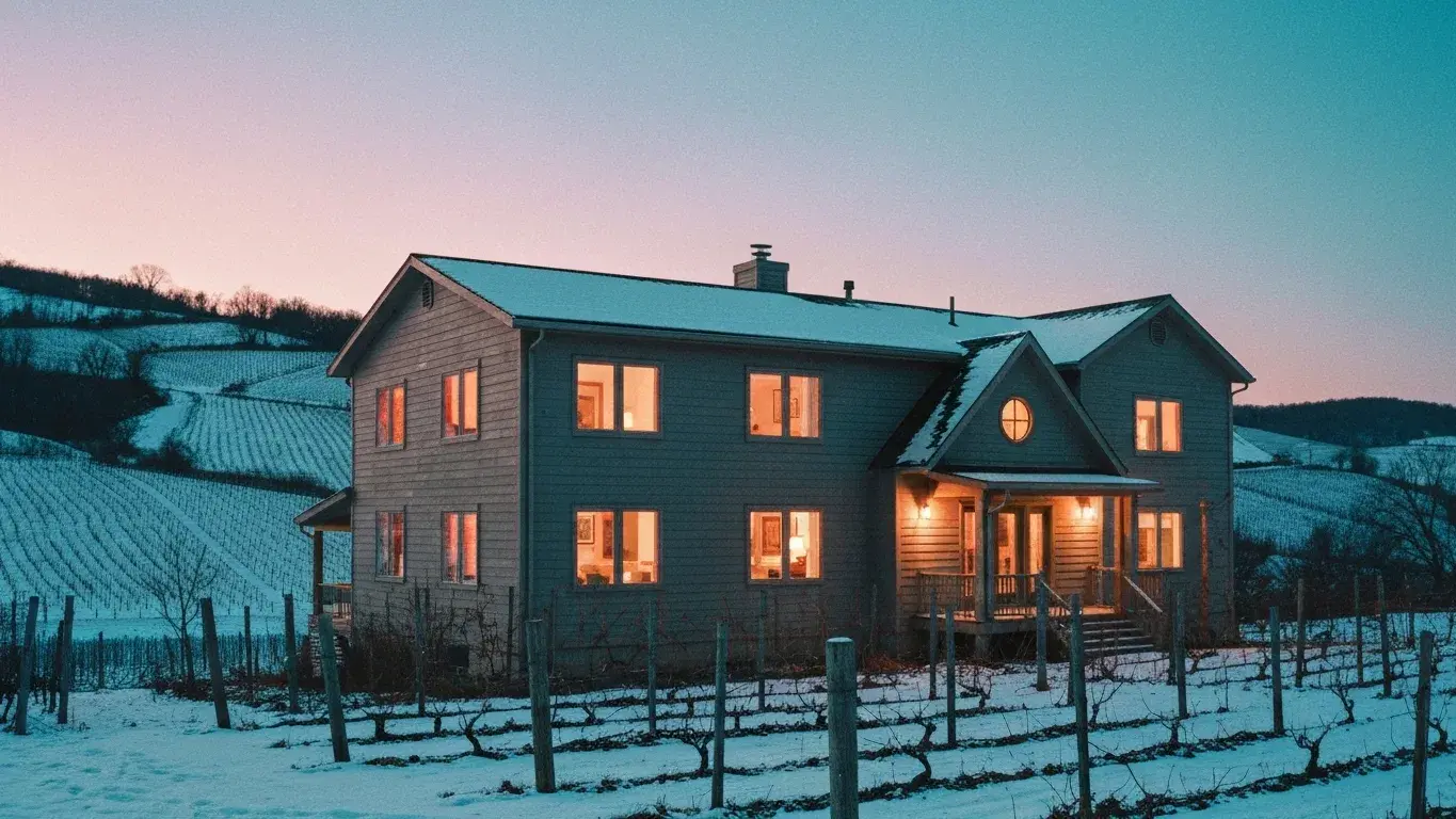 three-quarter architectural exterior photograph of a downtown loft conversion set in rolling vineyard hills, blue-hour dusk with windows glowing, fresh winter snow