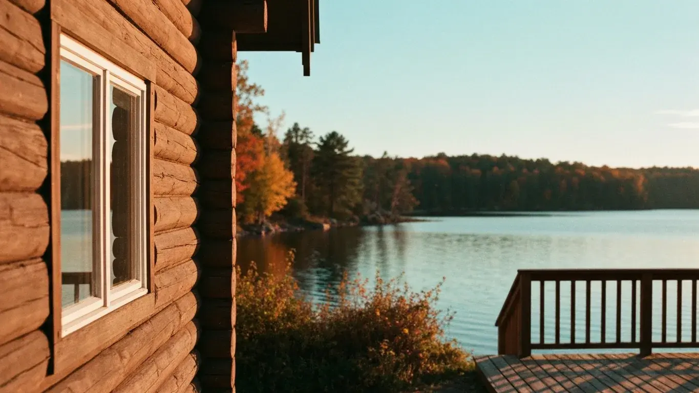intimate exterior detail photograph of a cozy log cabin set in the edge of a glassy lake, golden hour, autumn foliage