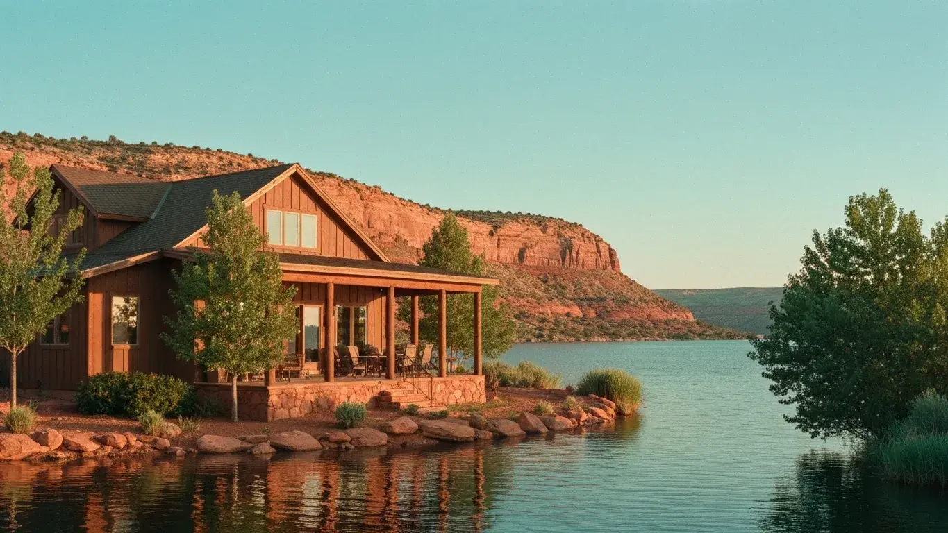 three-quarter architectural exterior photograph of a lakefront timber house set in red-rock desert, warm sunset, lush summer