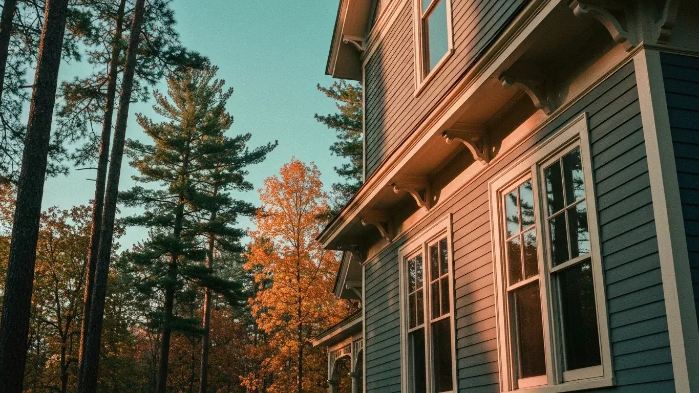 intimate exterior detail photograph of a restored Victorian bed-and-breakfast set in a dense pine forest, a clear bright morning, autumn foliage