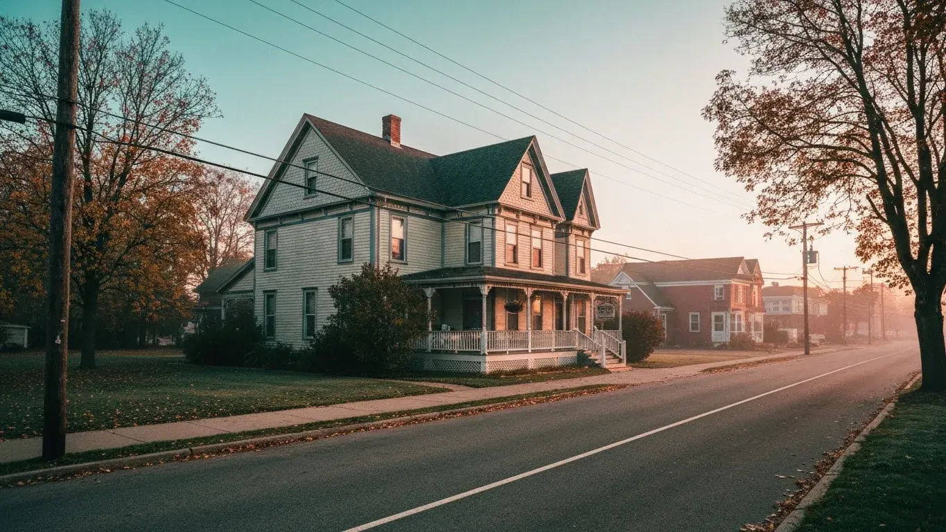 three-quarter architectural exterior photograph of a restored Victorian bed-and-breakfast set in a quiet small-town street, early misty dawn, autumn foliage