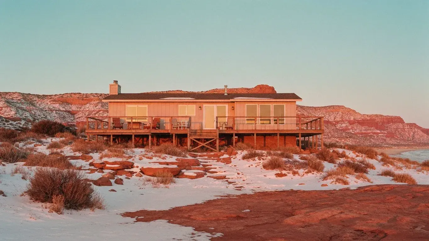 wide establishing exterior photograph of a coastal beach cottage set in red-rock desert, warm sunset, fresh winter snow