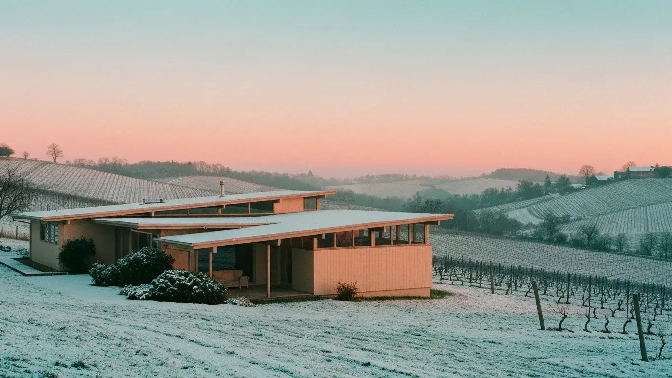 three-quarter architectural exterior photograph of a mid-century modern bungalow set in rolling vineyard hills, early misty dawn, fresh winter snow
