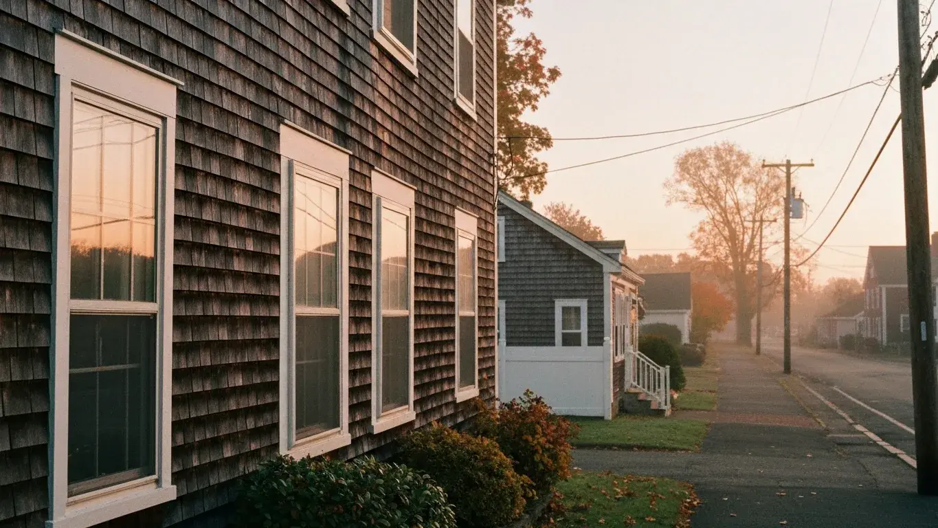 intimate exterior detail photograph of a cape cod cottage set in a quiet small-town street, early misty dawn, autumn foliage