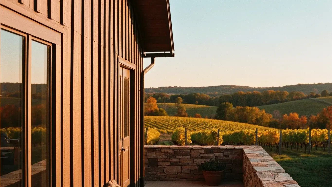 intimate exterior detail photograph of a luxury barndominium set in rolling vineyard hills, golden hour, autumn foliage