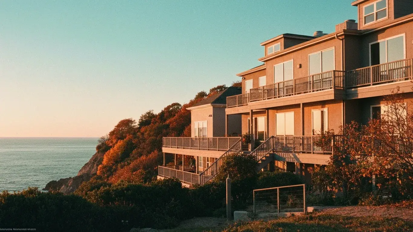 wide establishing exterior photograph of a downtown loft conversion set in a bluff above the ocean, golden hour, autumn foliage