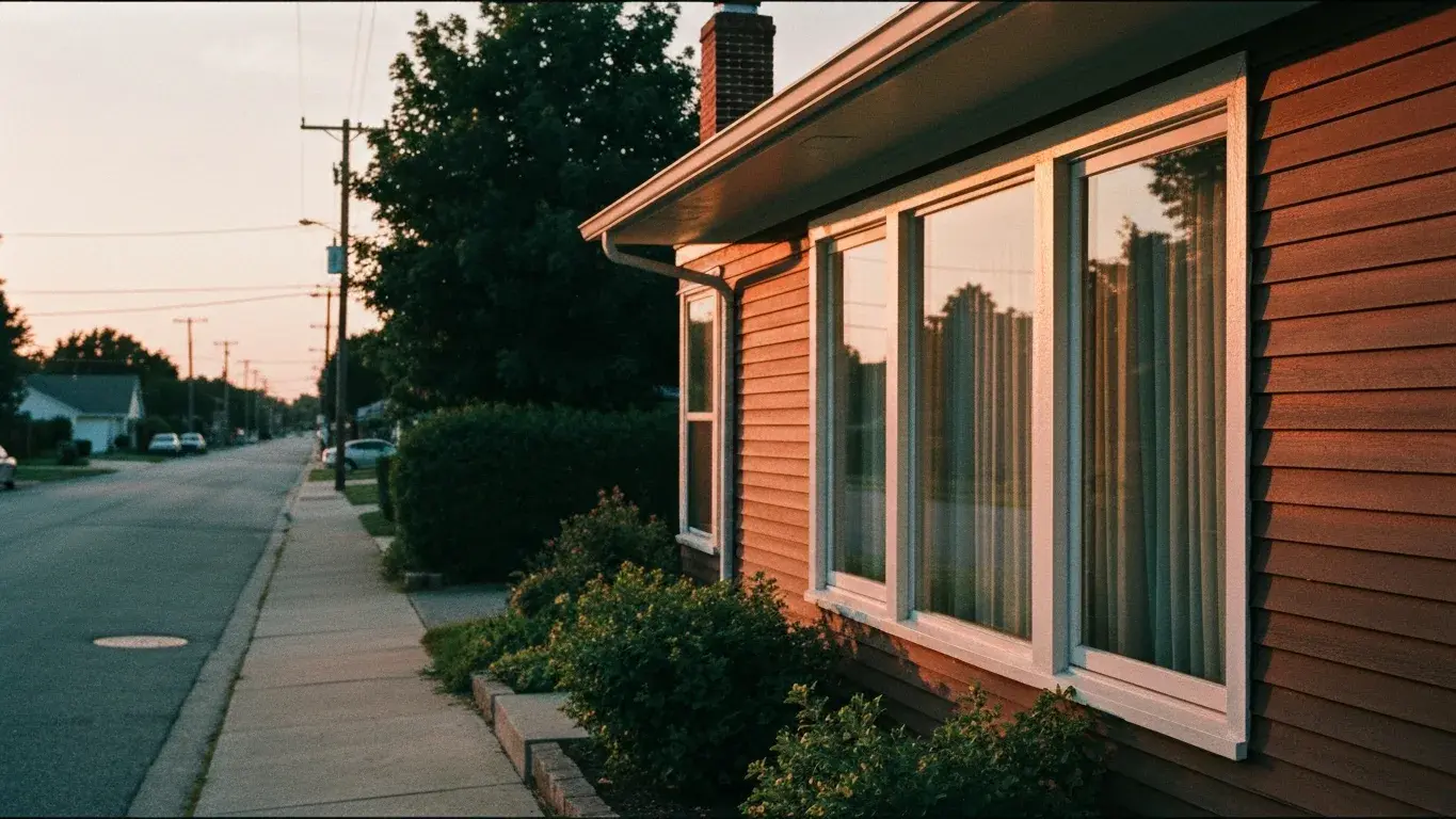 intimate exterior detail photograph of a mid-century modern bungalow set in a quiet small-town street, warm sunset, lush summer