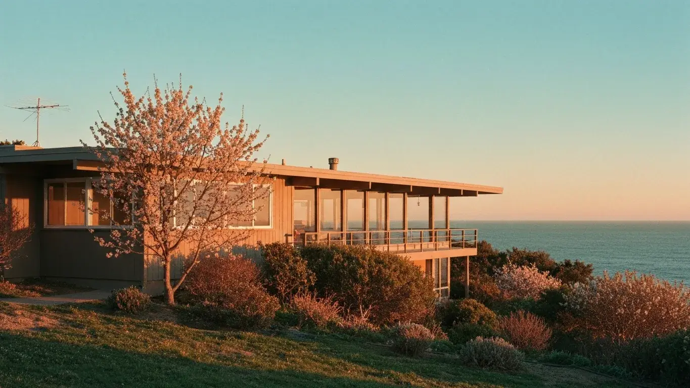 three-quarter architectural exterior photograph of a mid-century modern bungalow set in a bluff above the ocean, golden hour, spring bloom