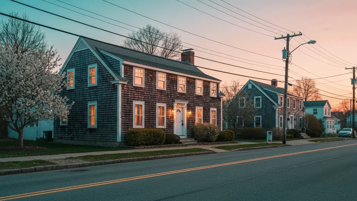 wide establishing exterior photograph of a cape cod cottage set in a quiet small-town street, blue-hour dusk with windows glowing, spring bloom