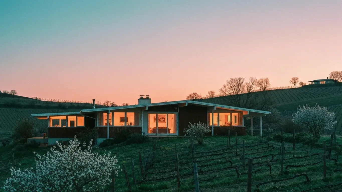 three-quarter architectural exterior photograph of a mid-century modern bungalow set in rolling vineyard hills, blue-hour dusk with windows glowing, spring bloom