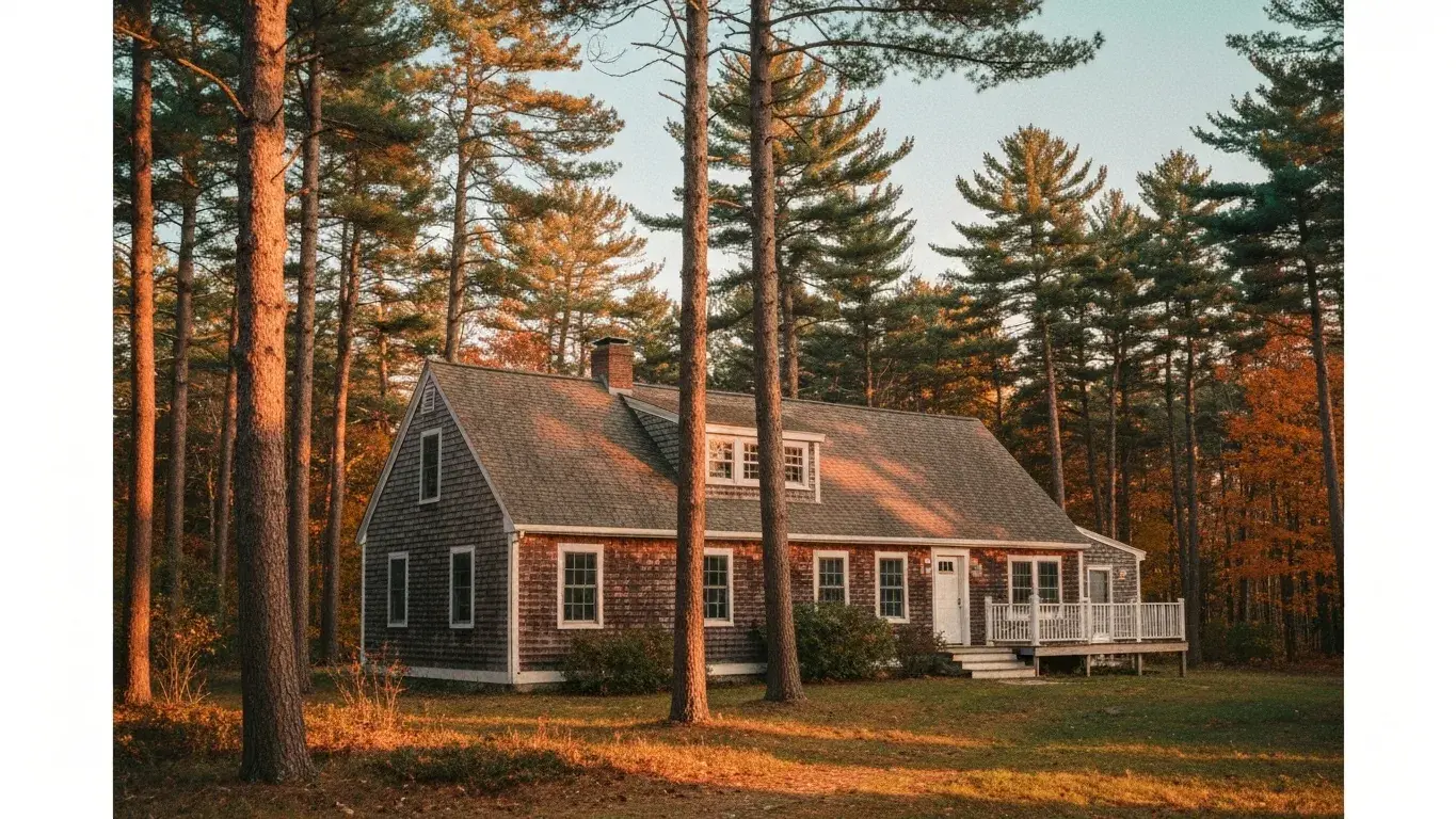 wide establishing exterior photograph of a cape cod cottage set in a dense pine forest, golden hour, autumn foliage