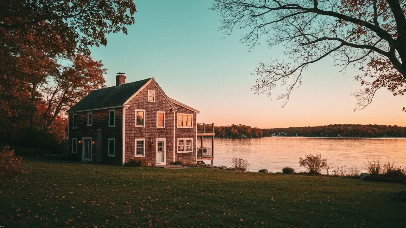 three-quarter architectural exterior photograph of a cape cod cottage set in the edge of a glassy lake, warm sunset, autumn foliage