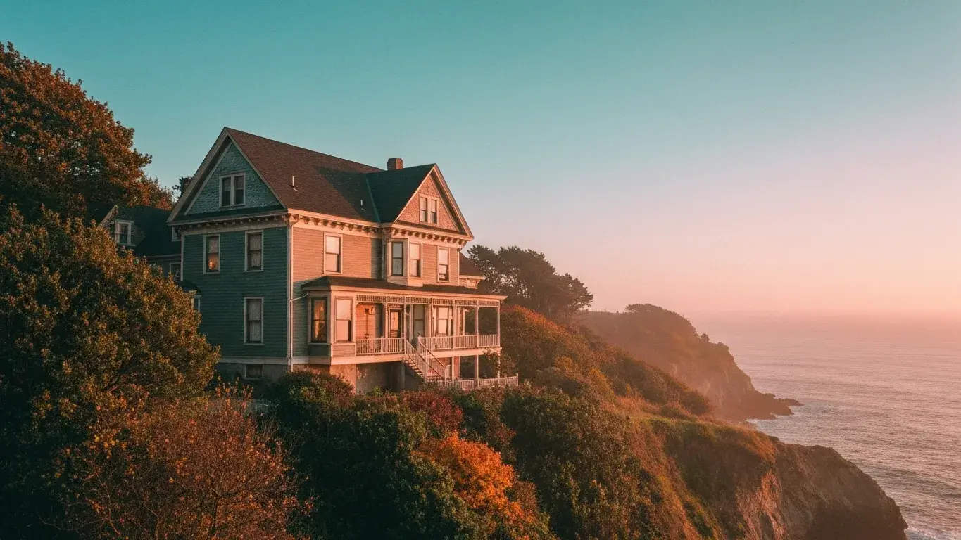 three-quarter architectural exterior photograph of a restored Victorian bed-and-breakfast set in a bluff above the ocean, early misty dawn, autumn foliage