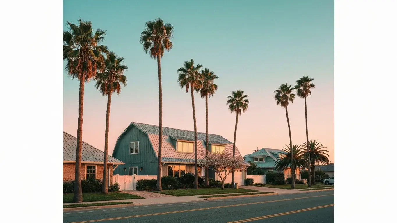 three-quarter architectural exterior photograph of a luxury barndominium set in a palm-lined coastal street, warm sunset, spring bloom