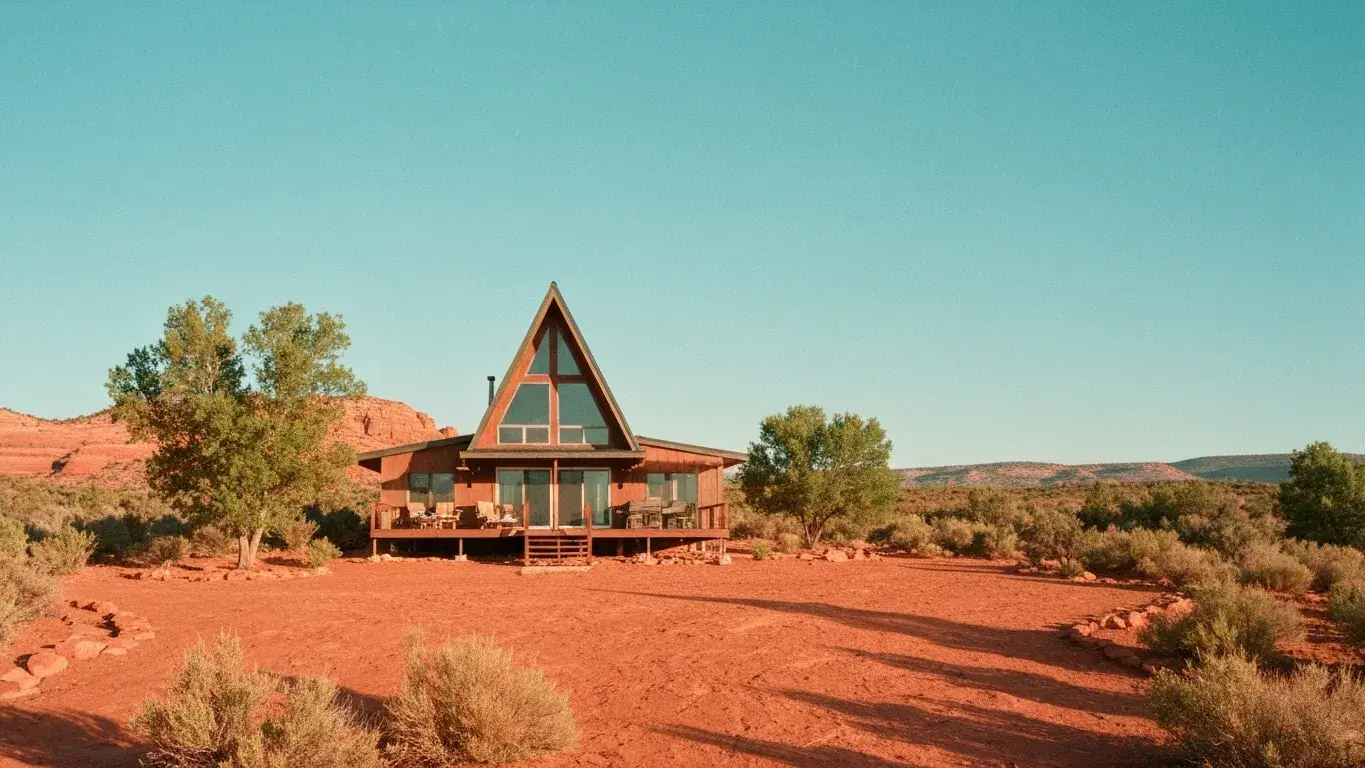 wide establishing exterior photograph of a modern A-frame cabin set in red-rock desert, a clear bright morning, lush summer