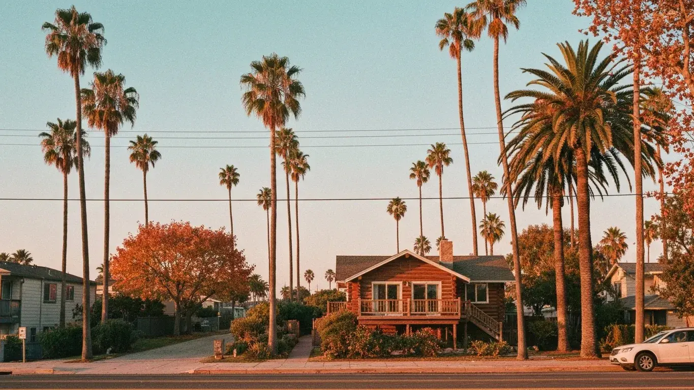 wide establishing exterior photograph of a cozy log cabin set in a palm-lined coastal street, golden hour, autumn foliage