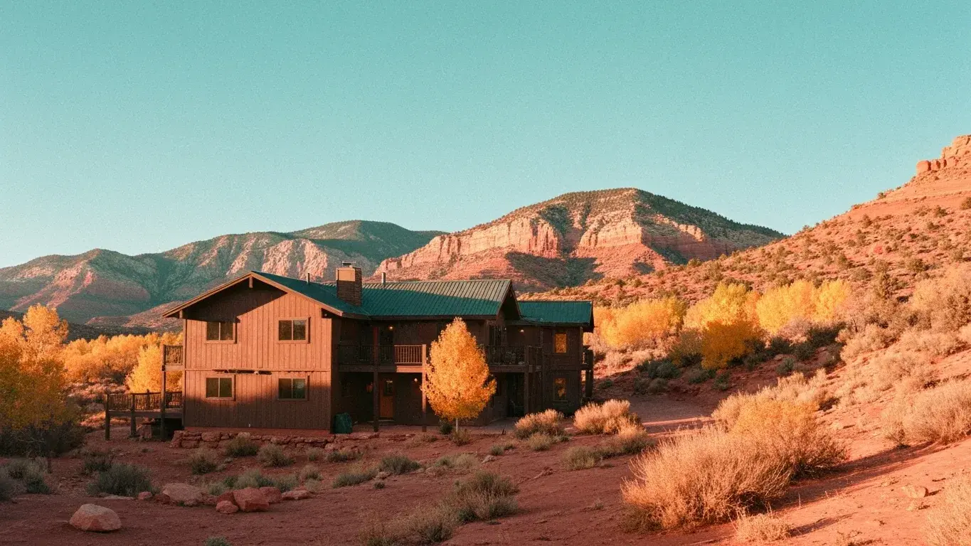 wide establishing exterior photograph of a mountain ski chalet set in red-rock desert, a clear bright morning, autumn foliage
