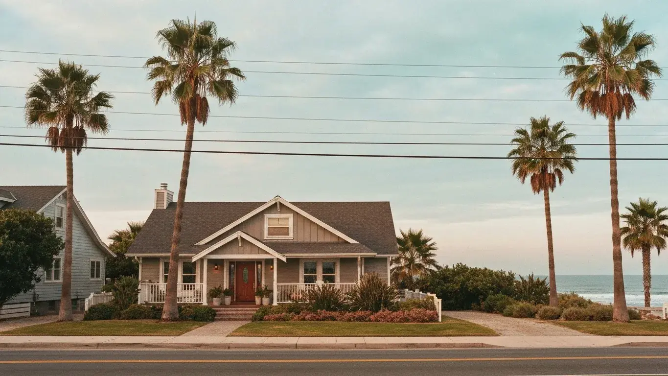 three-quarter architectural exterior photograph of a coastal beach cottage set in a palm-lined coastal street, a soft overcast afternoon, lush summer