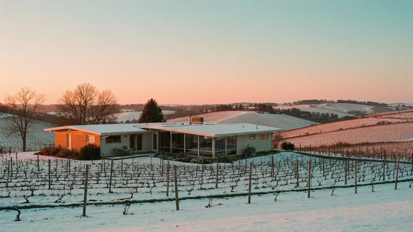 wide establishing exterior photograph of a mid-century modern bungalow set in rolling vineyard hills, warm sunset, fresh winter snow