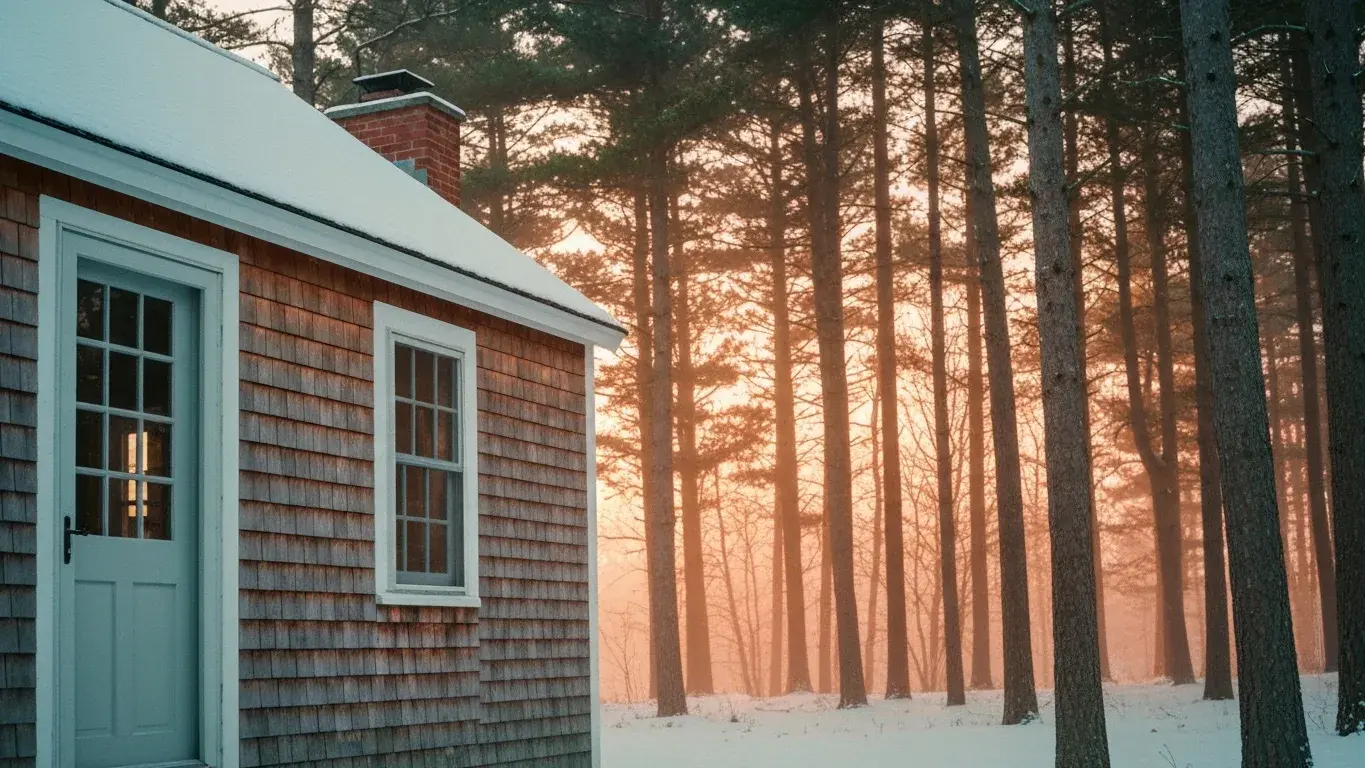 intimate exterior detail photograph of a cape cod cottage set in a dense pine forest, early misty dawn, fresh winter snow
