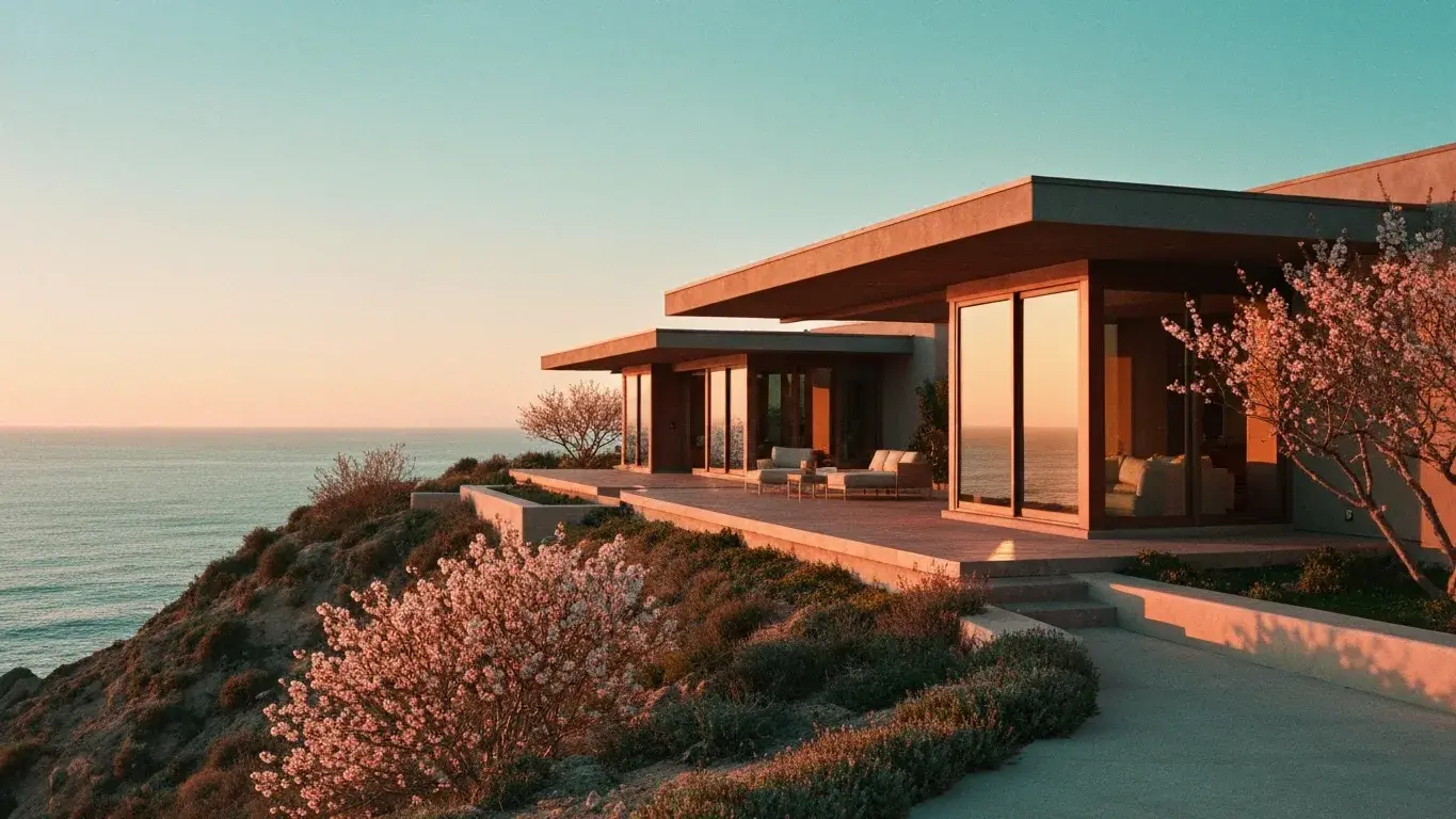 three-quarter architectural exterior photograph of a desert modern villa set in a bluff above the ocean, warm sunset, spring bloom
