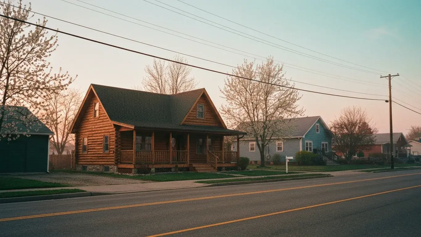 wide establishing exterior photograph of a cozy log cabin set in a quiet small-town street, early misty dawn, spring bloom