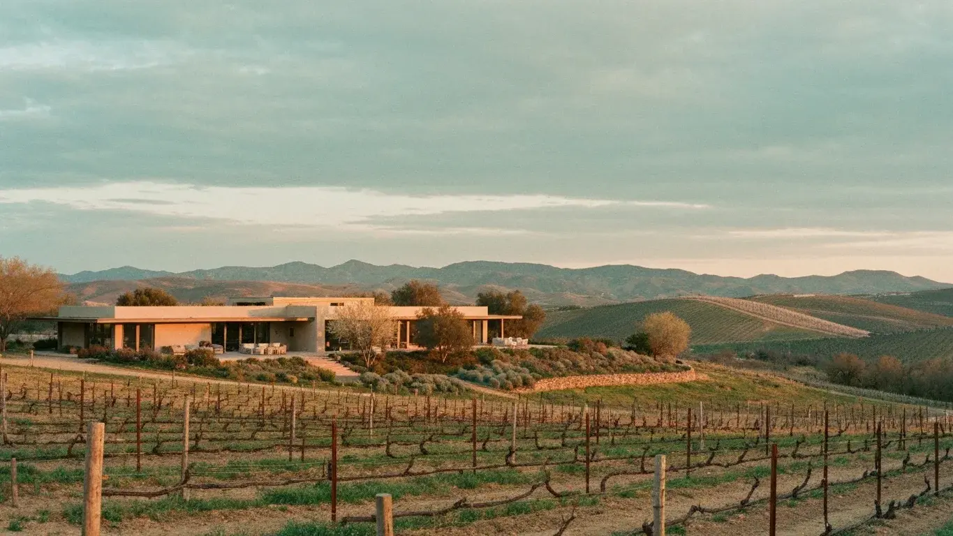 three-quarter architectural exterior photograph of a desert modern villa set in rolling vineyard hills, a soft overcast afternoon, spring bloom