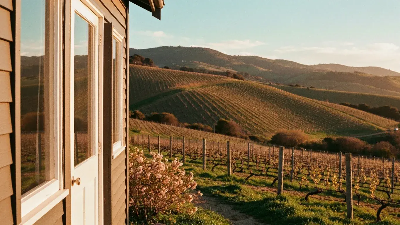 intimate exterior detail photograph of a coastal beach cottage set in rolling vineyard hills, golden hour, spring bloom
