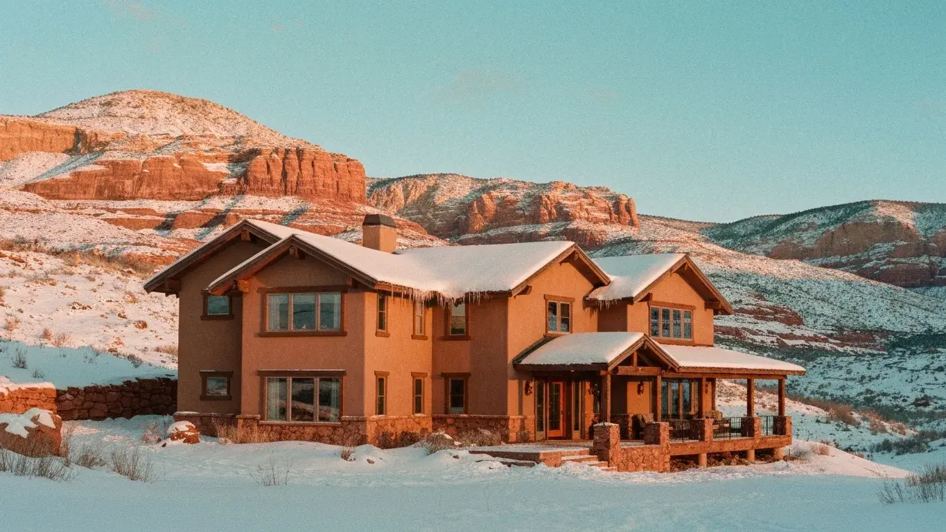 three-quarter architectural exterior photograph of a mountain ski chalet set in red-rock desert, golden hour, fresh winter snow
