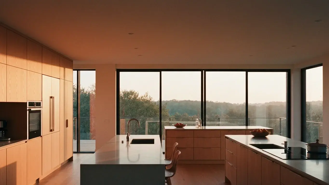 wide interior photograph of a designer kitchen with floor-to-ceiling windows framing a nature view, in warm golden afternoon light