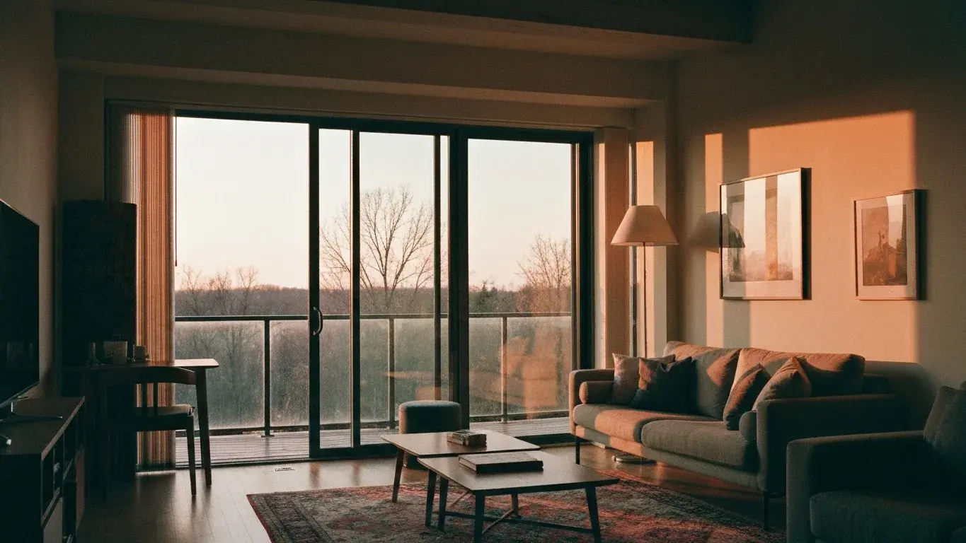 editorial interior vignette of a loft den with floor-to-ceiling windows framing a nature view, in warm golden afternoon light