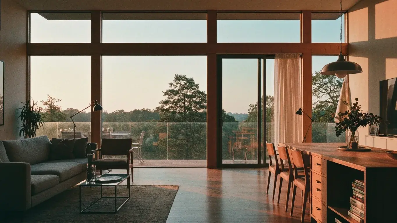 editorial interior vignette of a open-plan living room with floor-to-ceiling windows framing a nature view, flooded with soft morning light