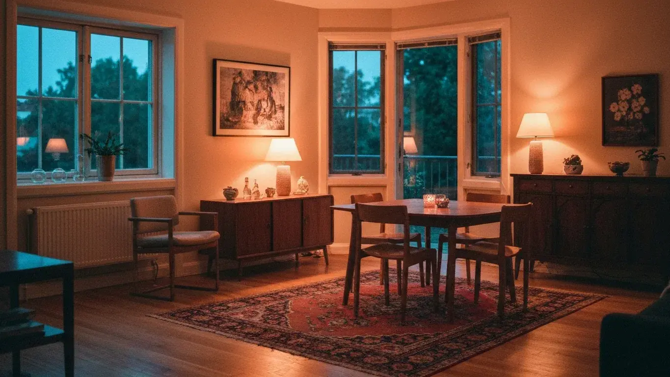 editorial interior vignette of a warm dining area with a statement vintage rug, lit by table lamps at dusk