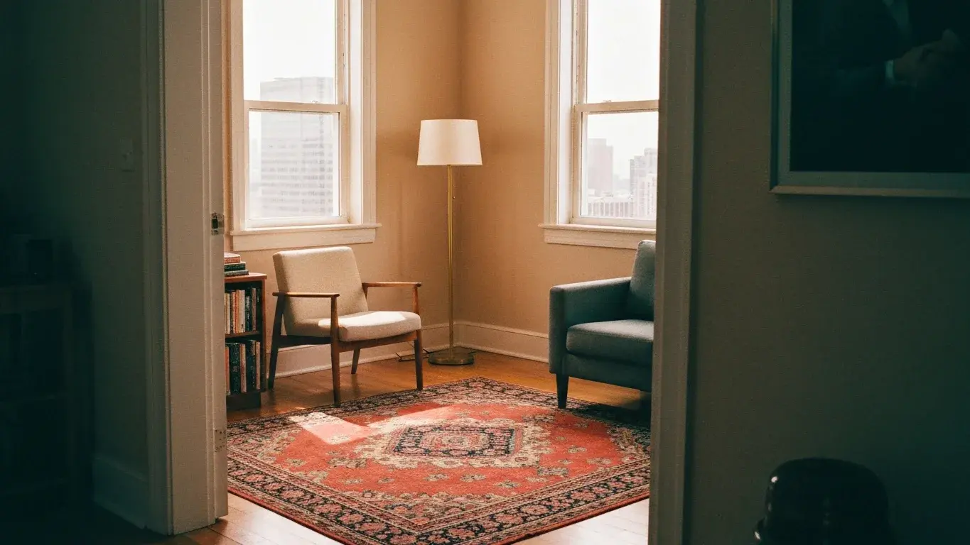 editorial interior vignette of a cozy reading nook with a statement vintage rug, flooded with soft morning light