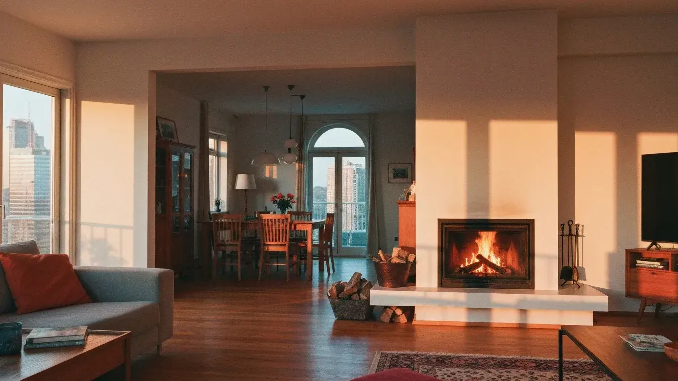editorial interior vignette of a open-plan living room with a crackling fireplace, in warm golden afternoon light