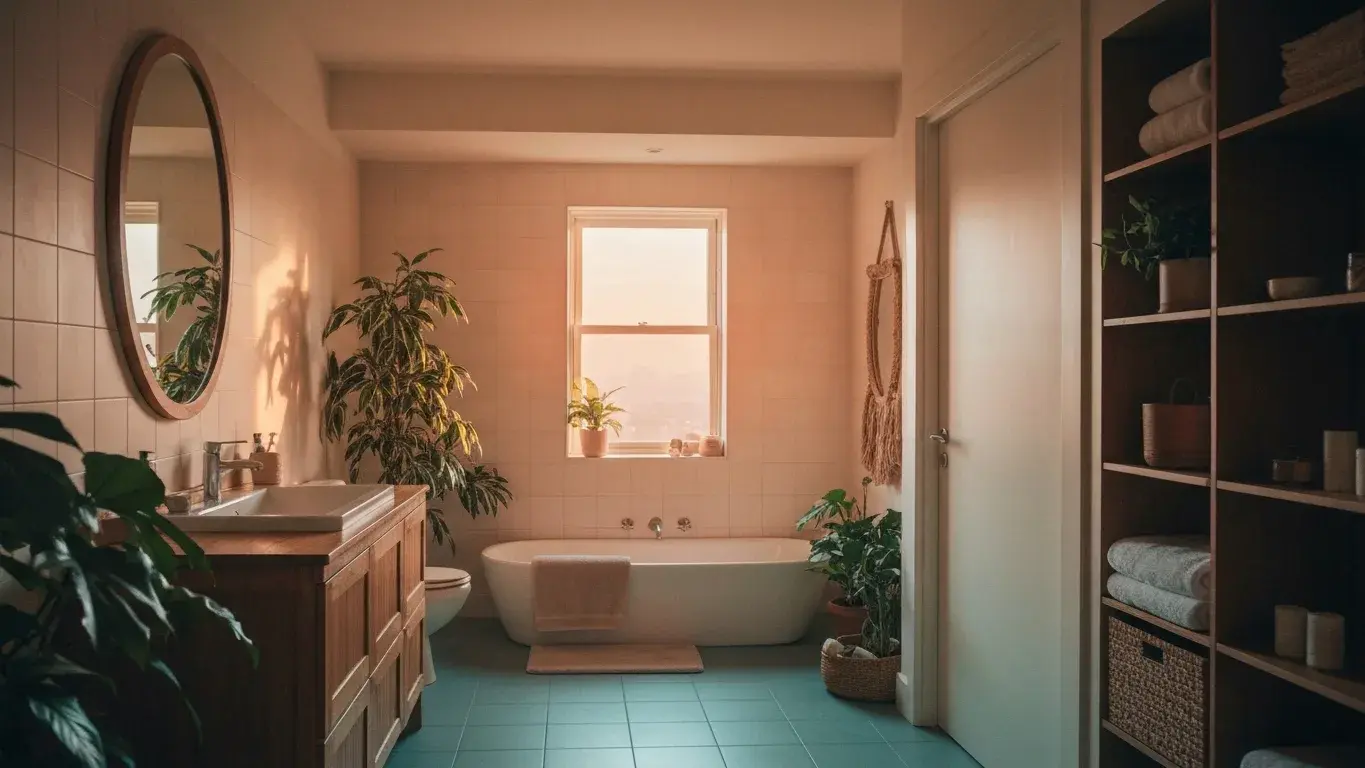 wide interior photograph of a spa-like bathroom with houseplants and natural materials, flooded with soft morning light