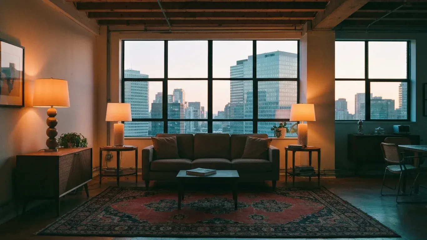 editorial interior vignette of a loft den with a statement vintage rug, lit by table lamps at dusk